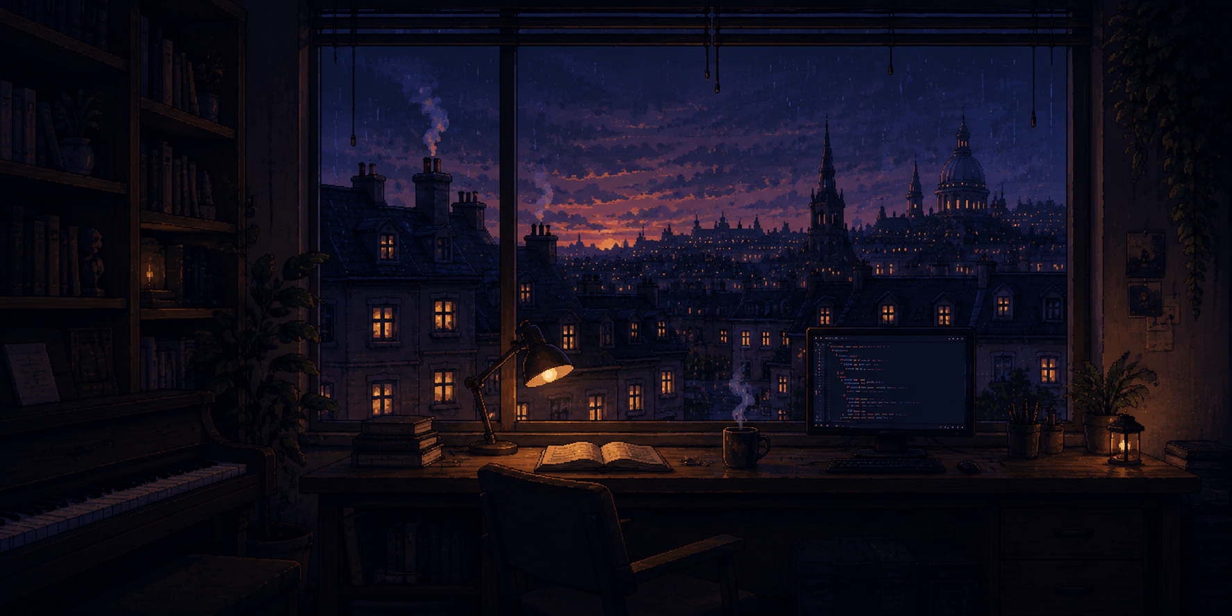 A cozy workspace at dusk with code on screen, books, piano keys, and a rainy city skyline