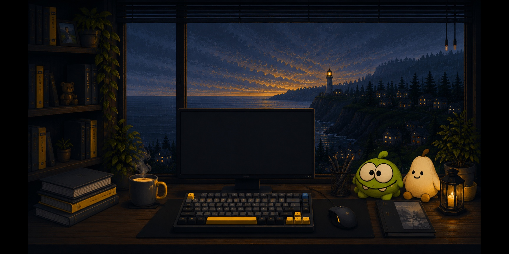 A cozy pixel-art desk at night, overlooking a coastal sunset with a lighthouse, plants, and warm lamplight