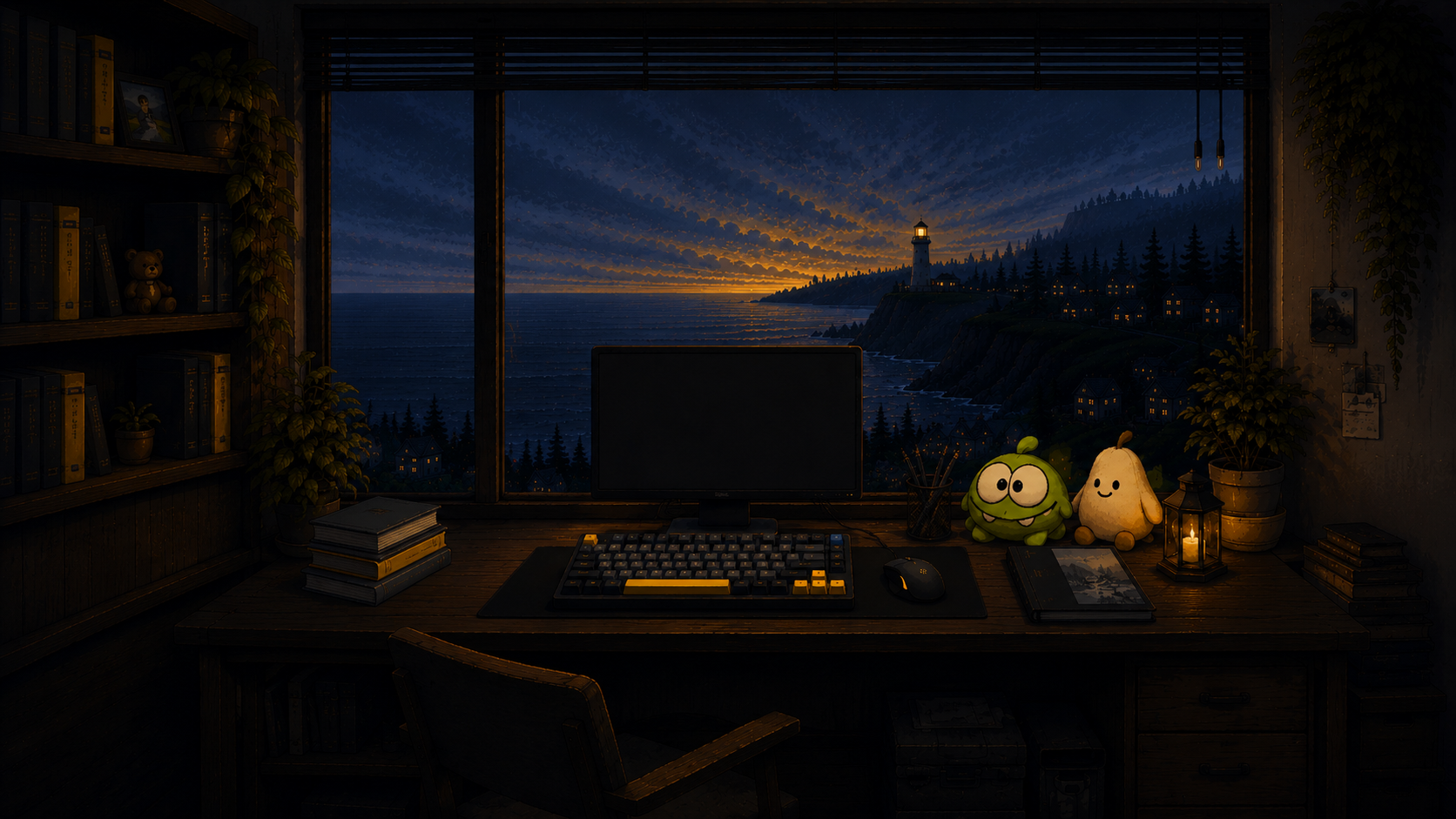 A cozy pixel-art desk at night, overlooking a coastal sunset with a lighthouse, plants, and warm lamplight